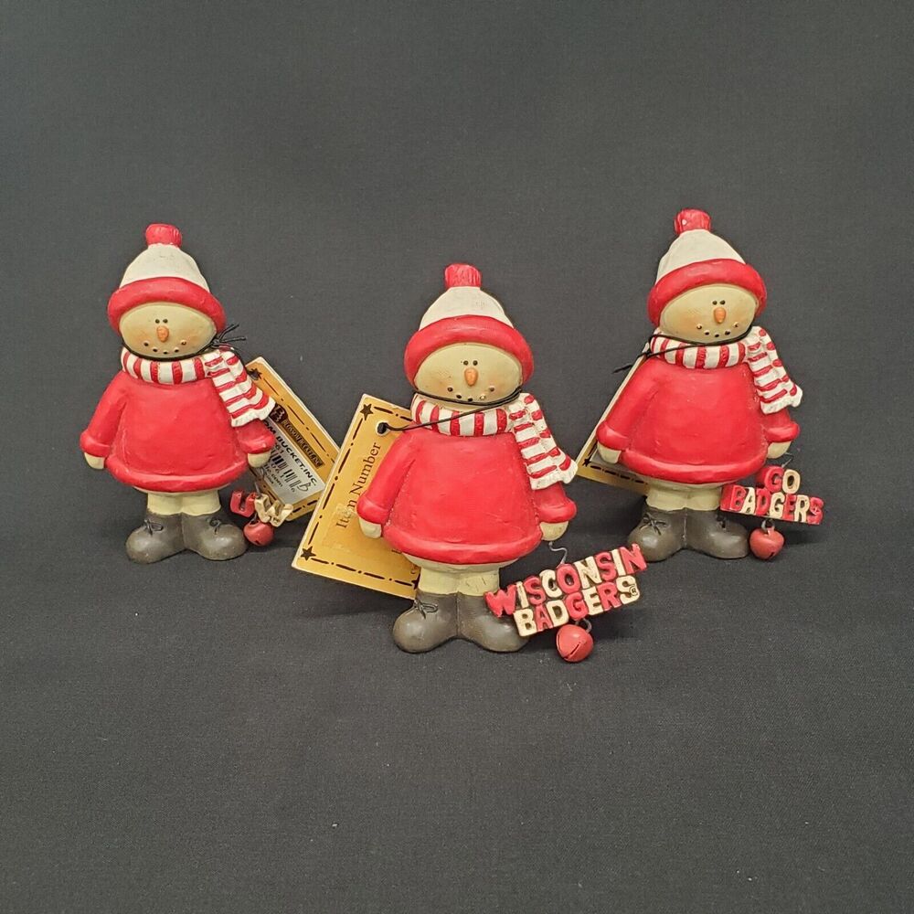 Blossom Bucket 3 Snowmen University of Wisconsin UW Figurines  Badgers Sign